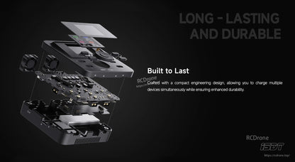Exploded view of the ISDT F160 battery charger showing layered internal boards, dual cooling fans, and screen controls.