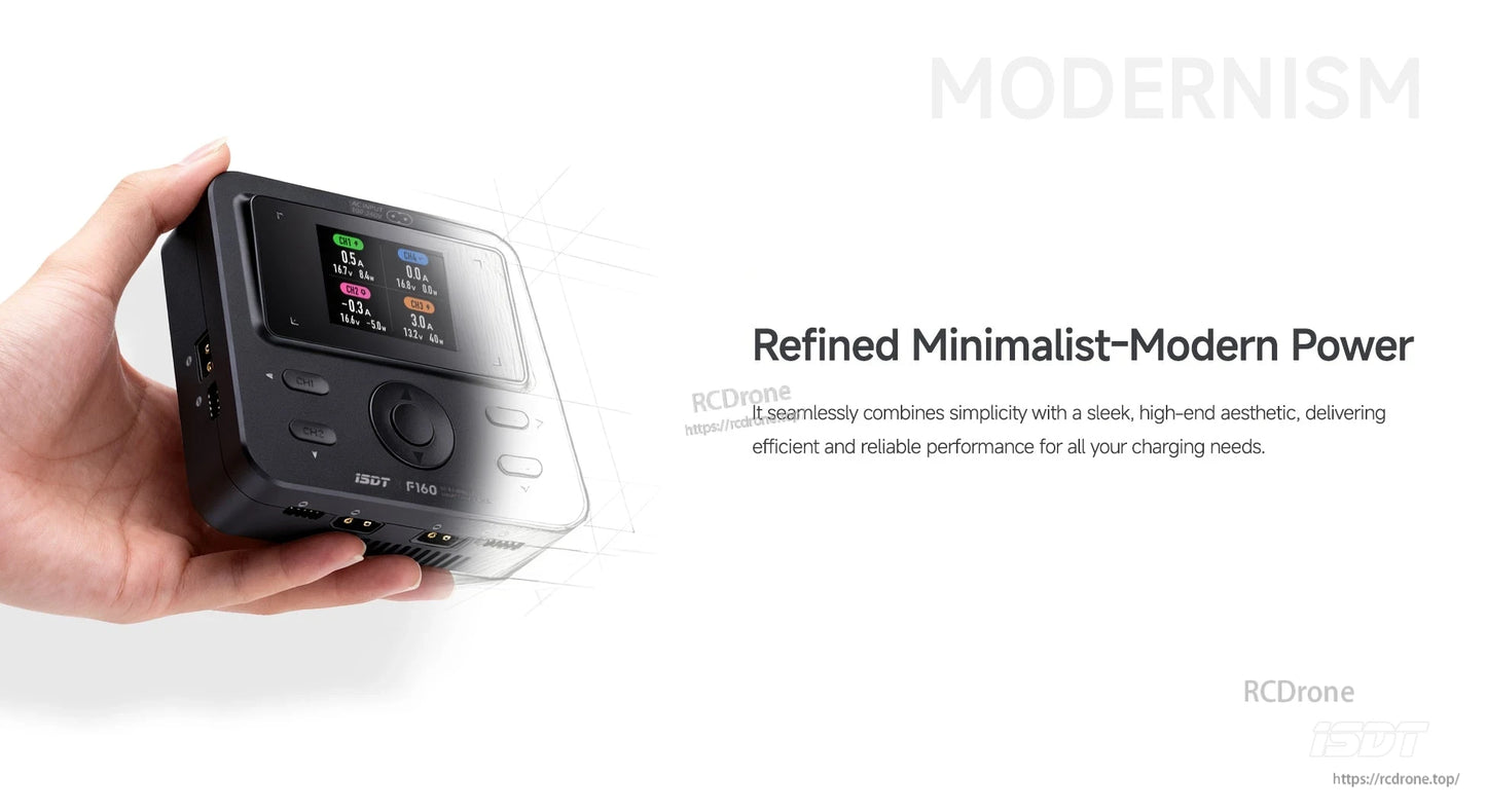 Handheld ISDT F160 battery charger with color screen, scroll wheel control, and front buttons on a compact black unit