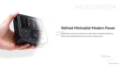 Handheld ISDT F160 battery charger with color screen, scroll wheel control, and front buttons on a compact black unit