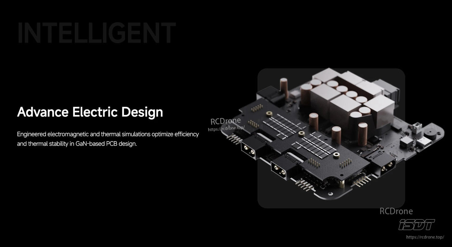 ISDT F160 battery charger internal PCB layout with GaN power components, heatsinks, and connector ports