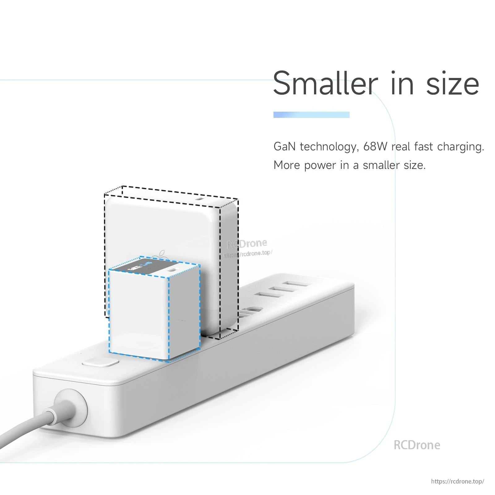 ISDT GP68C1 68W GaN Flash Charger, ISDT GP68C1 compact GaN 68W wall charger plugged into a power strip, with size comparison outline
