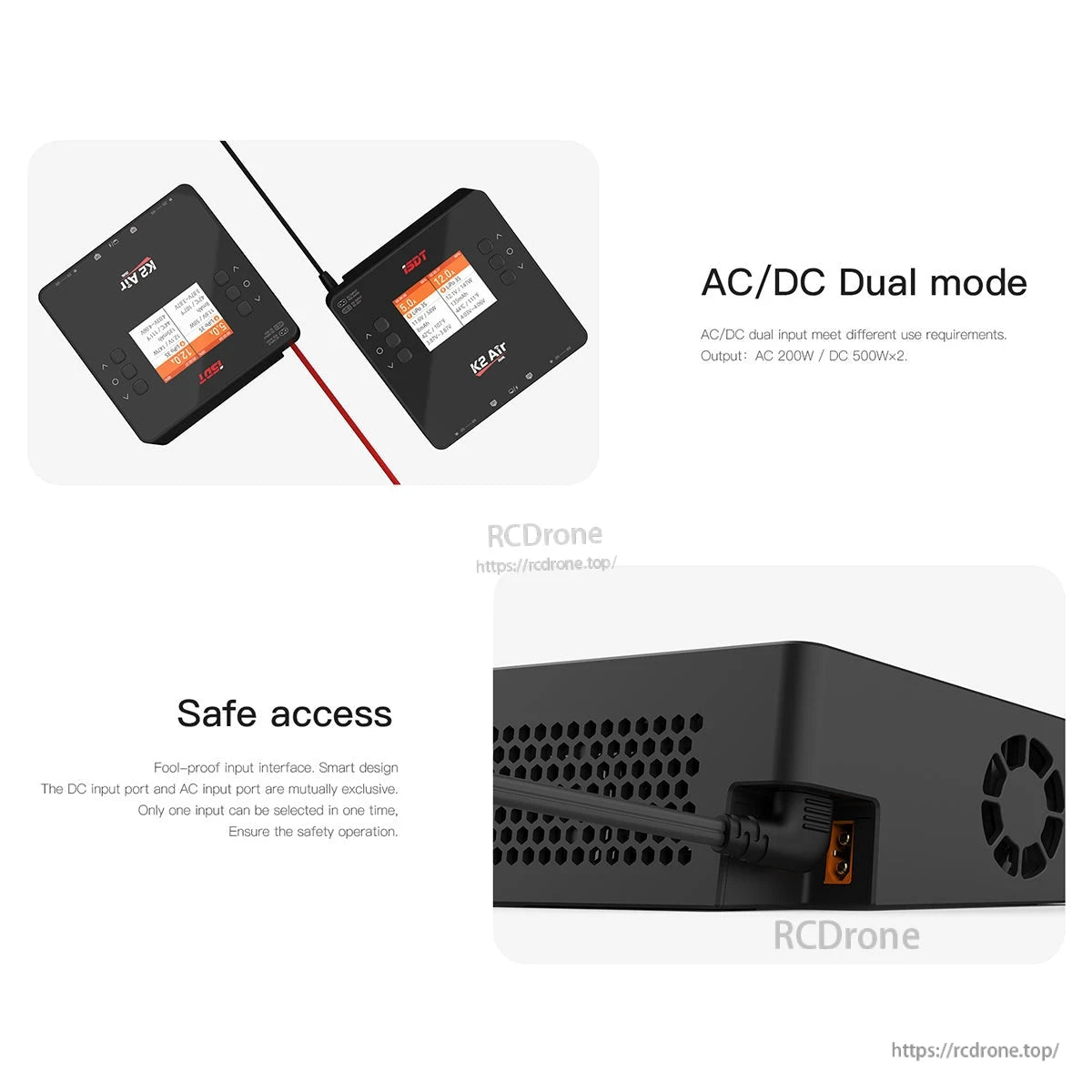 ISDT K2 Air LiPo charger with AC/DC dual input, color screen controls, and side power ports for safe access