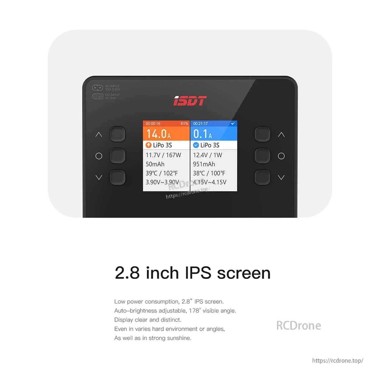 ISDT K2 Air LiPo charger front view with 2.8-inch IPS color screen and side control buttons