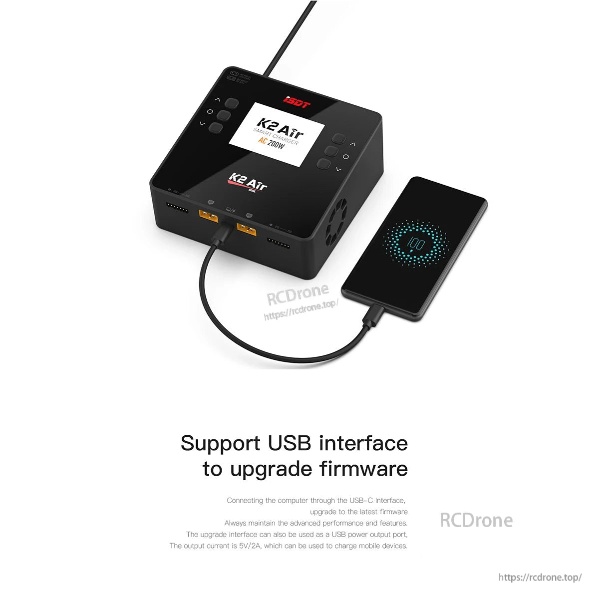 ISDT K2 Air Lipo Charger, ISDT K2 Air smart LiPo charger with LCD screen, dual XT60 outputs, and USB-C connection for firmware updates