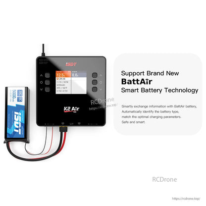 ISDT K2 Air LiPo charger with color screen showing 12.5A on a 6S pack, connected to an ISDT battery