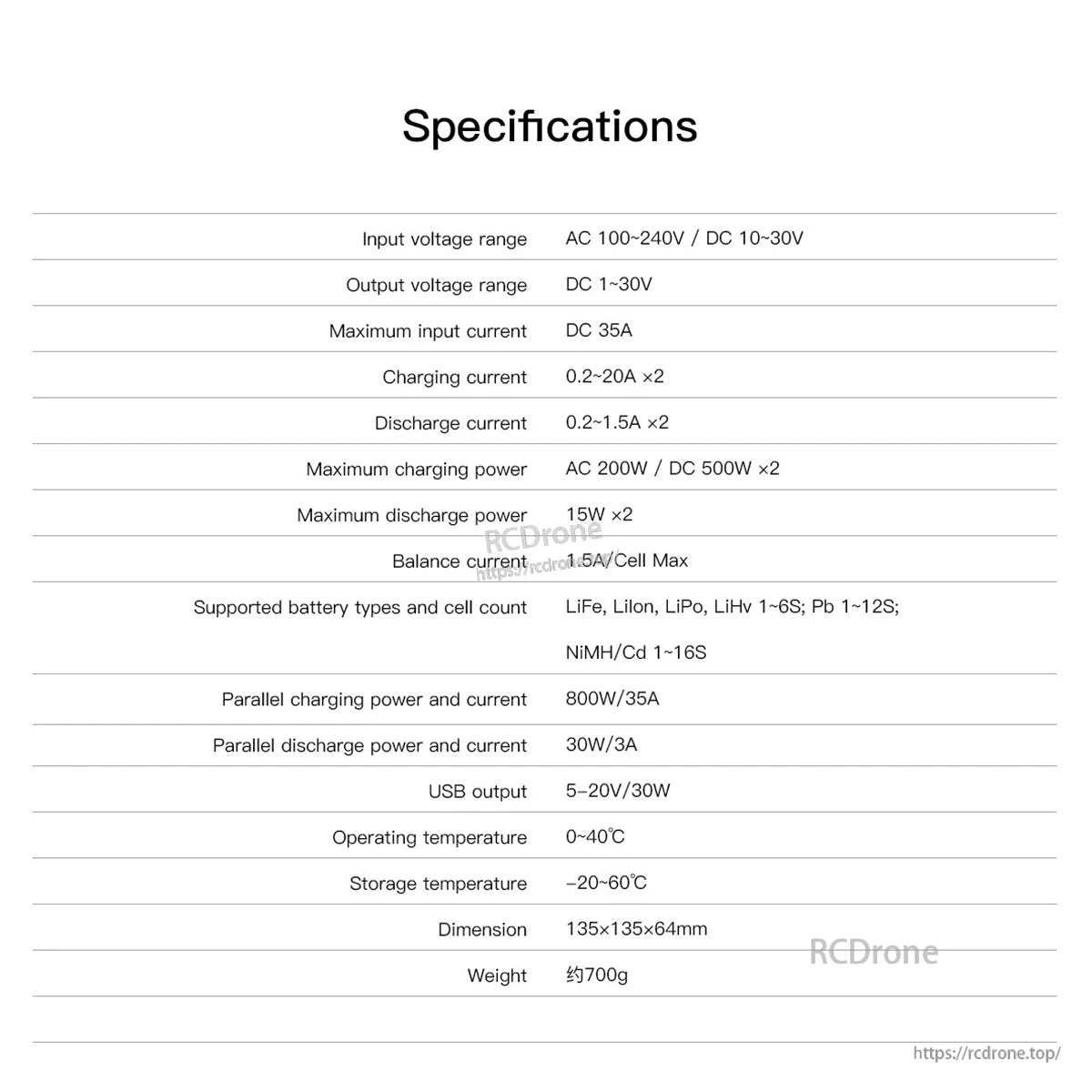 ISDT K2 Air LiPo charger specifications table with AC 100–240V/DC 10–30V input and 0.2–20A charge current