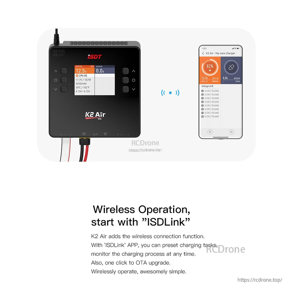 ISDT K2 Air Lipo Charger, ISDT K2 Air dual LiPo charger with color display and wireless ISDLink app monitoring on a smartphone
