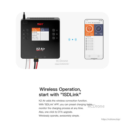 ISDT K2 Air Lipo Charger, ISDT K2 Air dual LiPo charger with color display and wireless ISDLink app monitoring on a smartphone