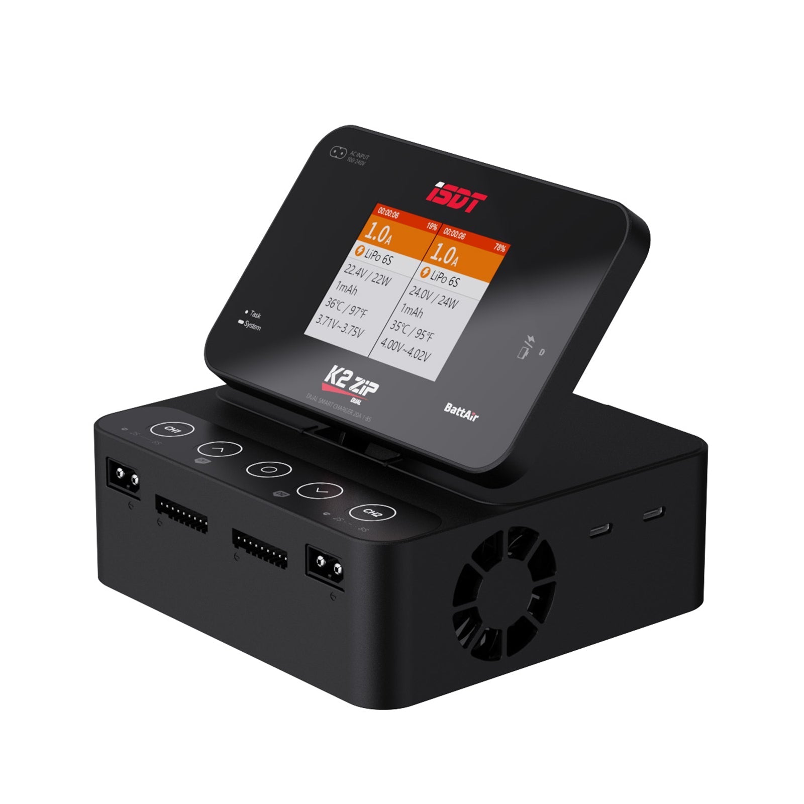ISDT K2 Zip dual battery balance charger with tilting display, dual ports, and side cooling fan