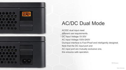 ISDT K2 Zip Dual Battery Balance Charger, ISDT K2 Zip charger rear inputs showing XT60 DC port and AC inlet, with AC 100–240V and DC 10–30V listed