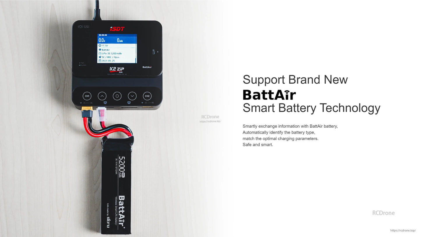 ISDT K2 Zip dual battery balance charger with color screen, CH1/CH2 controls, and BattAir LiPo connected