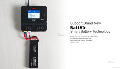 ISDT K2 Zip dual battery balance charger with color screen, CH1/CH2 controls, and BattAir LiPo connected