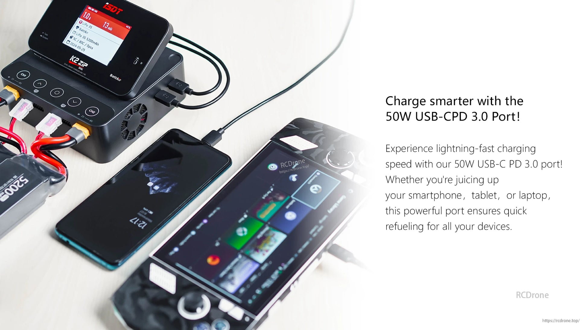 ISDT K2 Zip dual battery balance charger with color display, dual charge outputs, and 50W USB-C PD 3.0 port