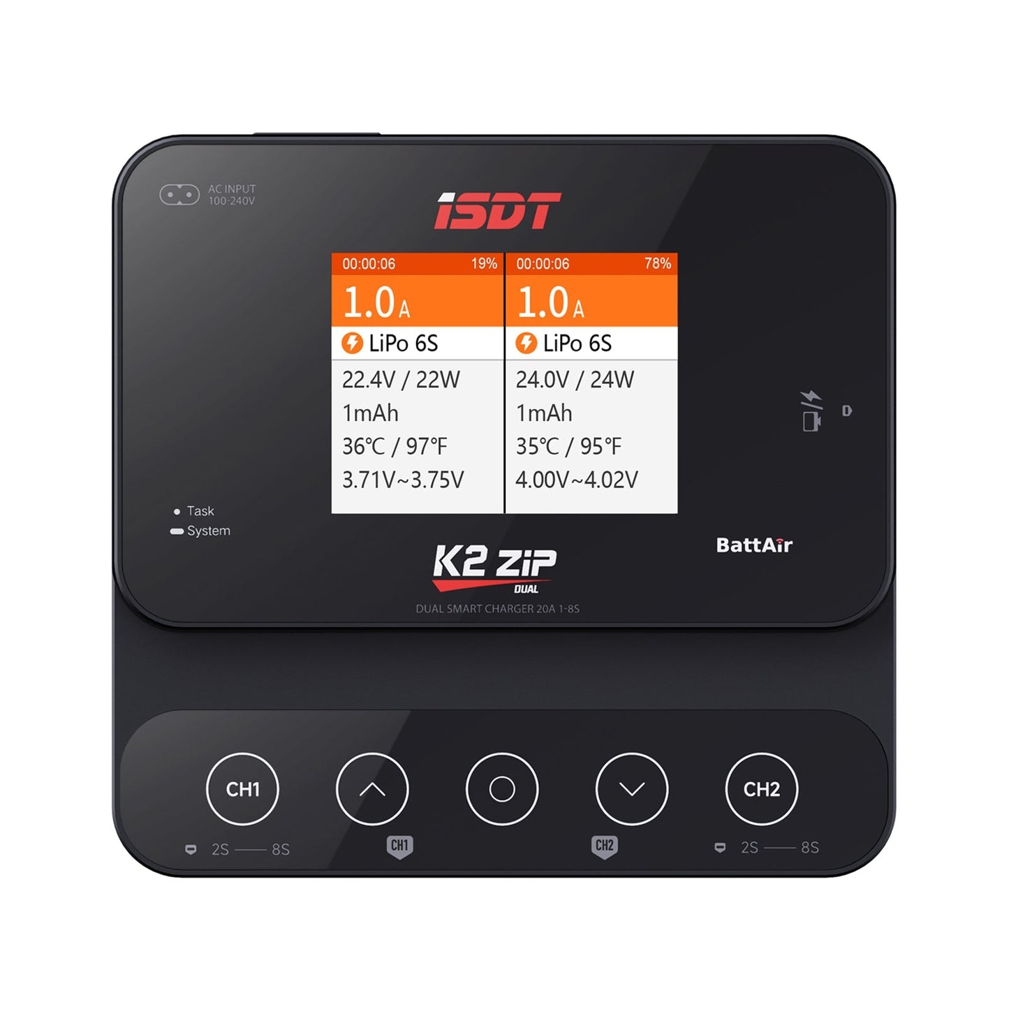 ISDT K2 Zip dual battery balance charger with dual-channel screen for LiPo 6S charging and CH1/CH2 controls
