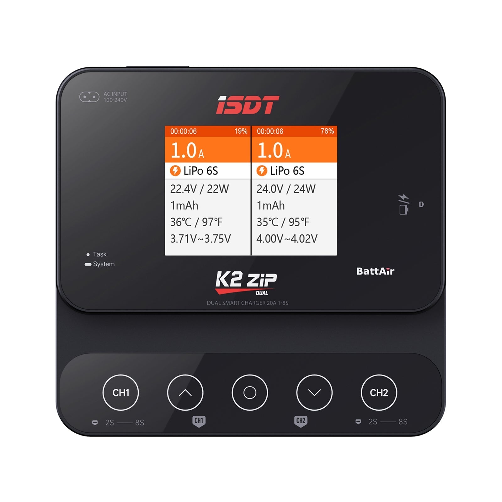 ISDT K2 Zip dual battery balance charger with dual-channel screen for LiPo 6S charging and CH1/CH2 controls