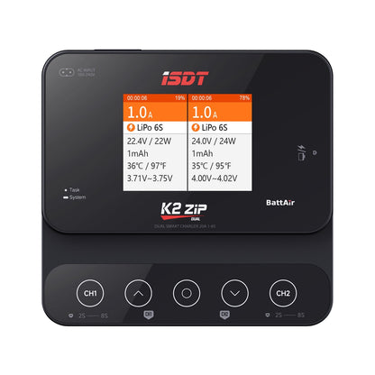 ISDT K2 Zip dual battery balance charger with dual-channel screen for LiPo 6S charging and CH1/CH2 controls