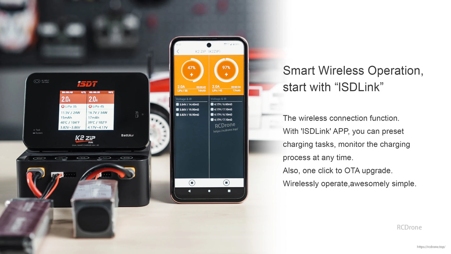 ISDT K2 Zip dual battery balance charger with color display and ISDLink smartphone app wireless monitoring