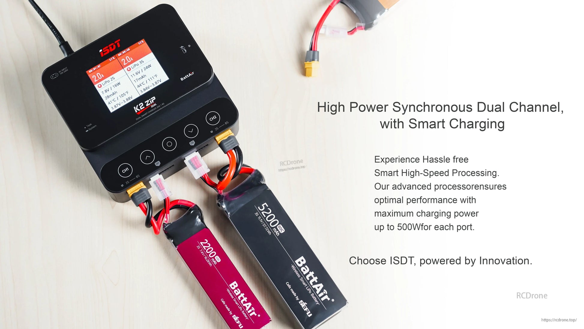 ISDT K2 Zip Dual Battery Balance Charger, ISDT K2 Zip dual-channel balance charger with color screen, charging two LiPo batteries via XT60 and balance leads