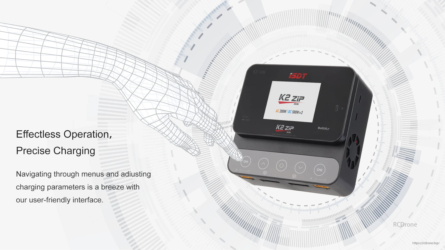 ISDT K2 Zip dual battery balance charger with touchscreen display, CH1/CH2 controls, and AC 200W/DC 500W x2 rating