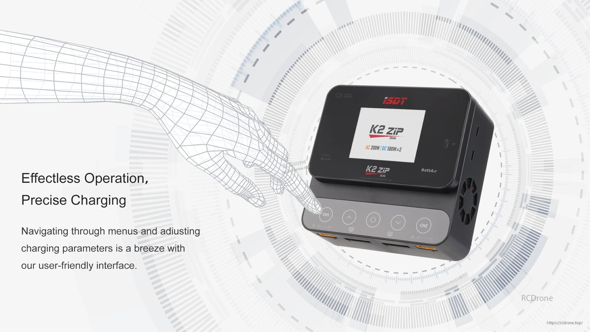 ISDT K2 Zip dual battery balance charger with touchscreen display, CH1/CH2 controls, and AC 200W/DC 500W x2 rating