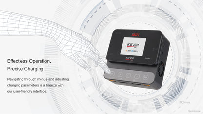 ISDT K2 Zip dual battery balance charger with touchscreen display, CH1/CH2 controls, and AC 200W/DC 500W x2 rating