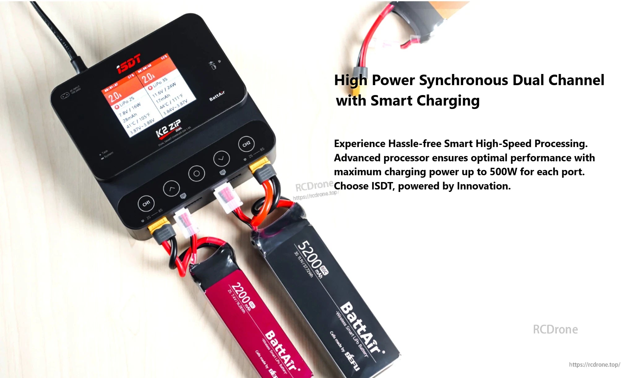 ISDT K2 Zip Dual Battery Balance Charger, ISDT K2 Zip dual-channel balance charger with color touchscreen, charging two LiPo packs via XT60 leads