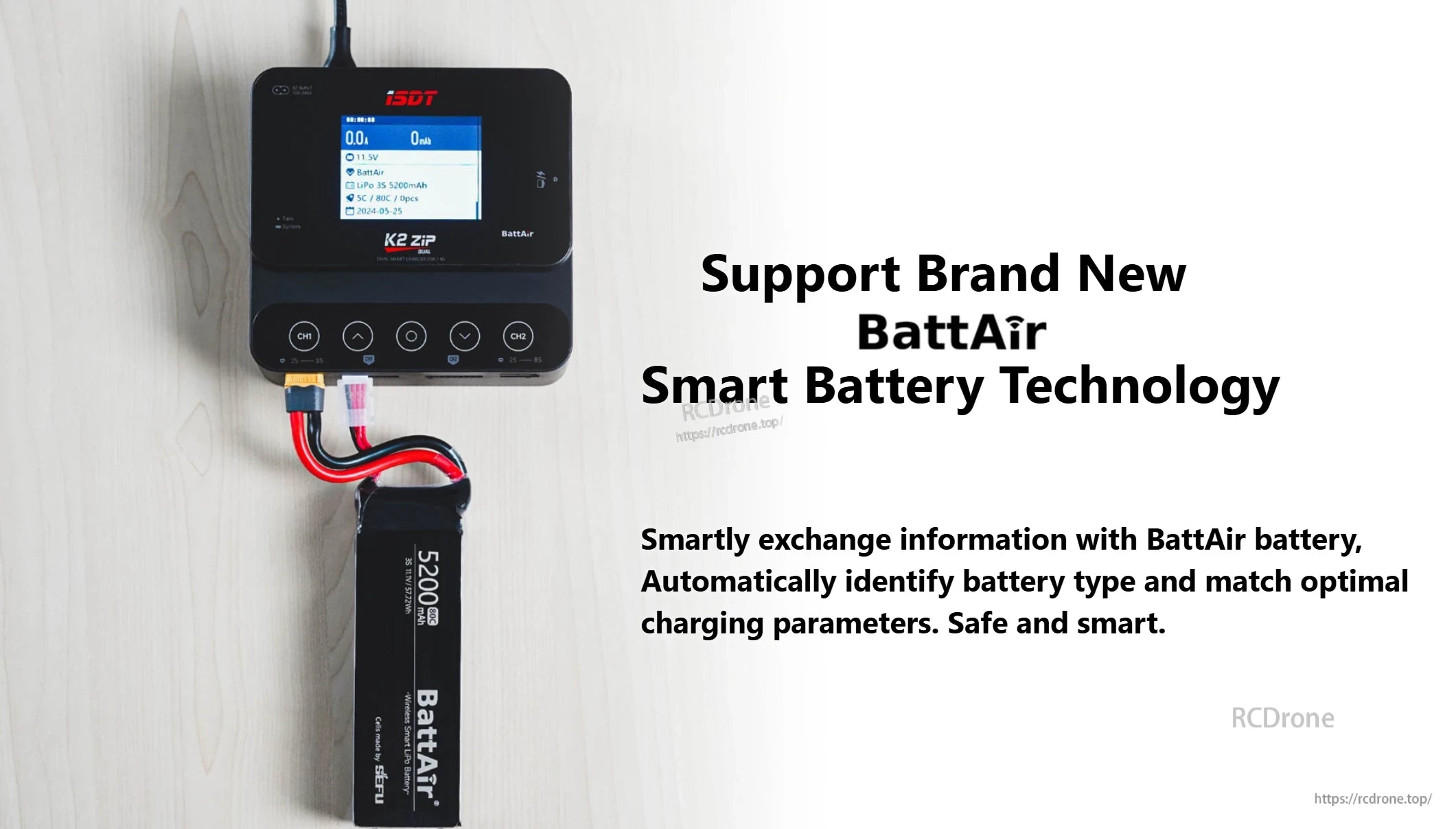 ISDT K2 Zip dual battery balance charger with color screen and CH1/CH2 buttons, connected to a BattAir LiPo pack