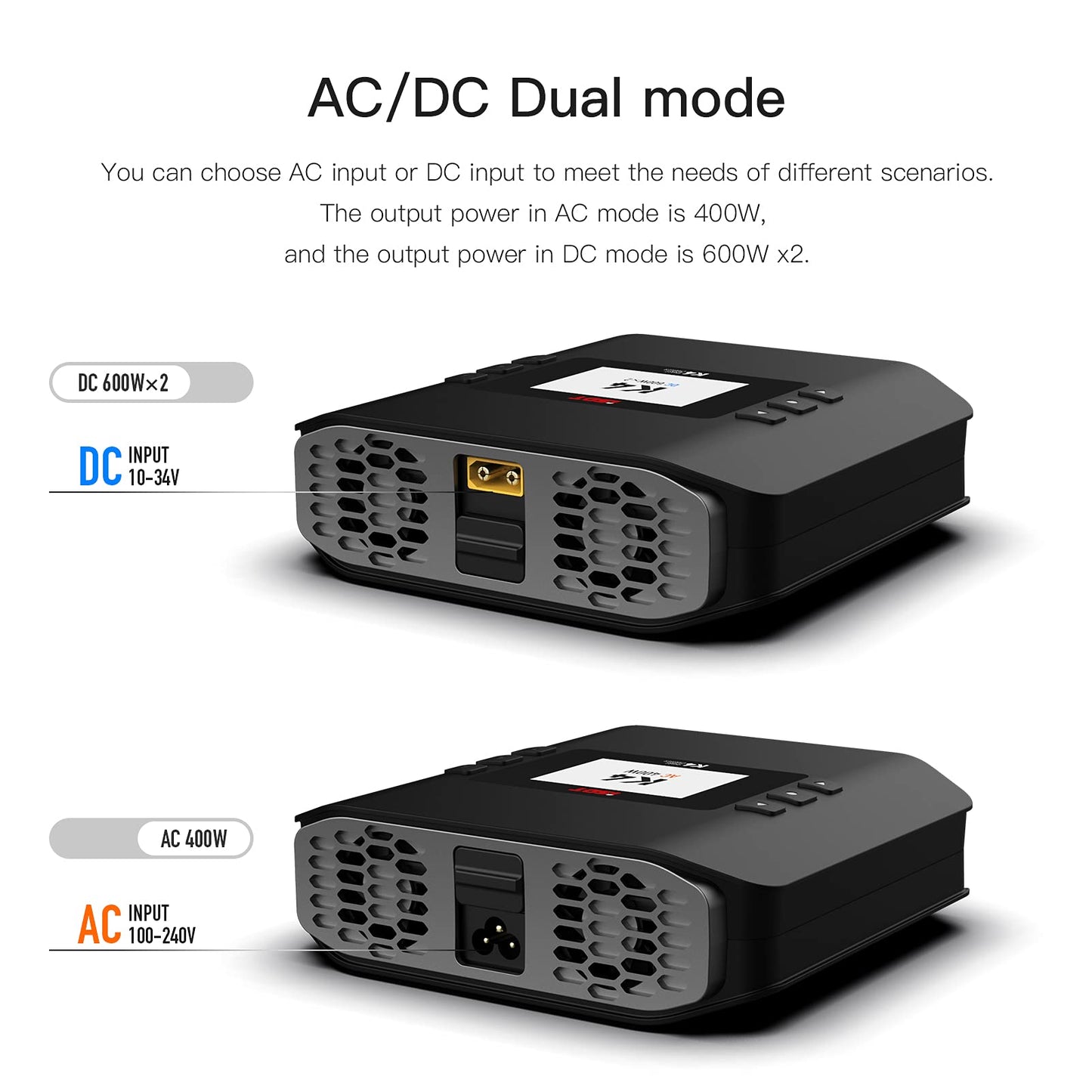 ISDT K4 LiPo battery charger showing AC/DC dual-mode inputs: DC 10–34V (600W×2) and AC 100–240V (400W).