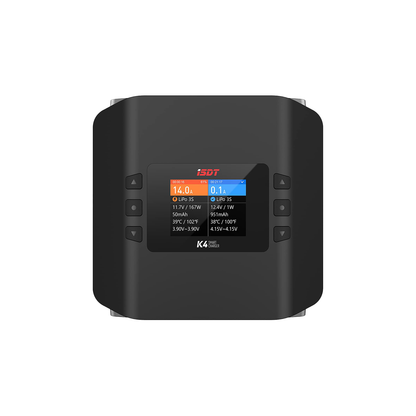 Front view of ISDT K4 LiPo battery charger with color display showing dual-channel charging settings and side buttons