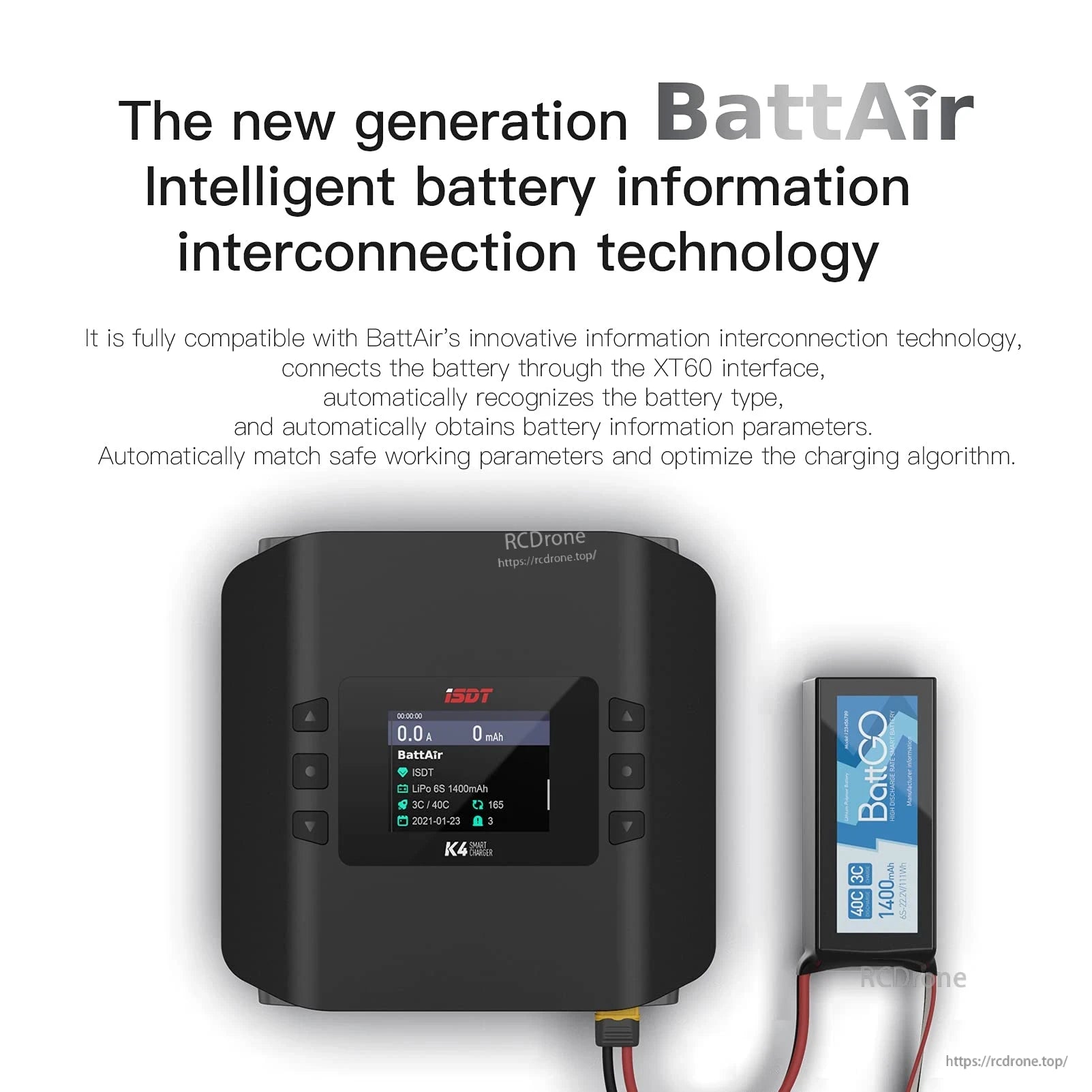 ISDT K4 LiPo battery charger with color display and control buttons, shown with BattAir/BattGO smart battery pack