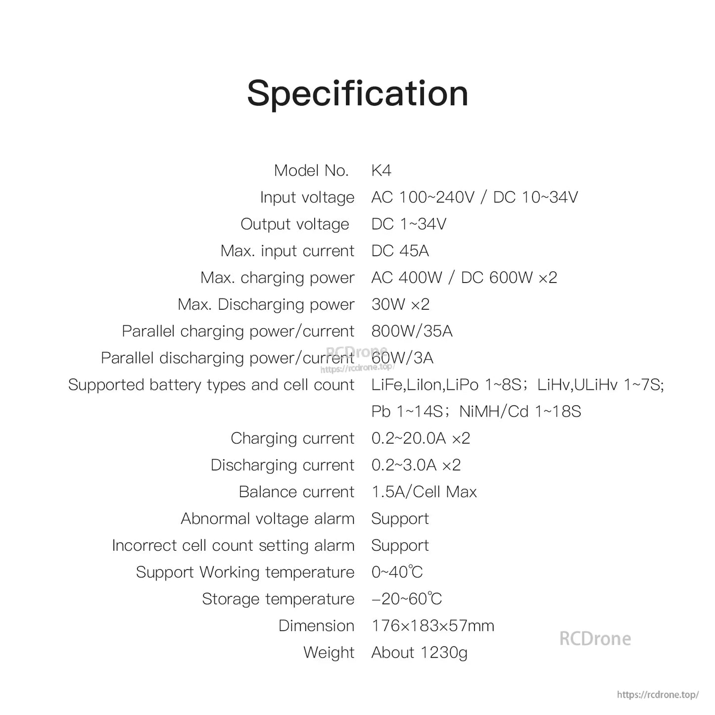 ISDT K4 LiPo Battery Charger, ISDT K4 charger specification list with AC 100–240V/DC 10–34V input and supported LiPo 1–8S battery types
