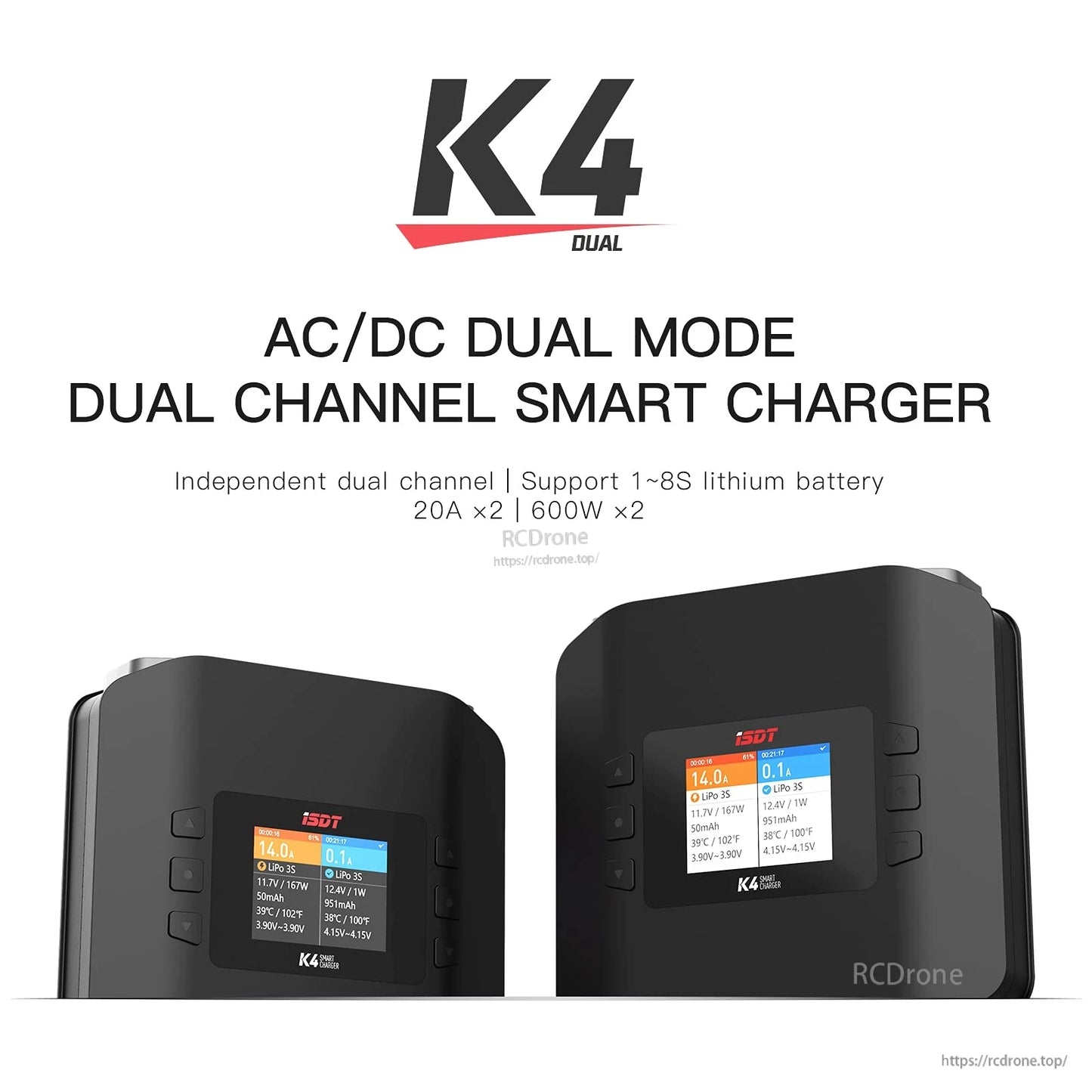 ISDT K4 LiPo Battery Charger, ISDT K4 Dual AC/DC dual-channel smart LiPo charger with color screen, supports 1–8S lithium, 20A x2, 600W x2