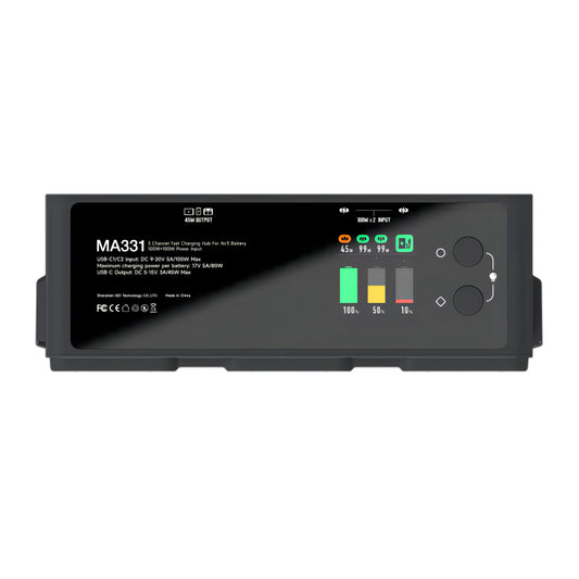 ISDT MA331 3-channel smart charging hub with LCD status screen, battery level bars, and control buttons