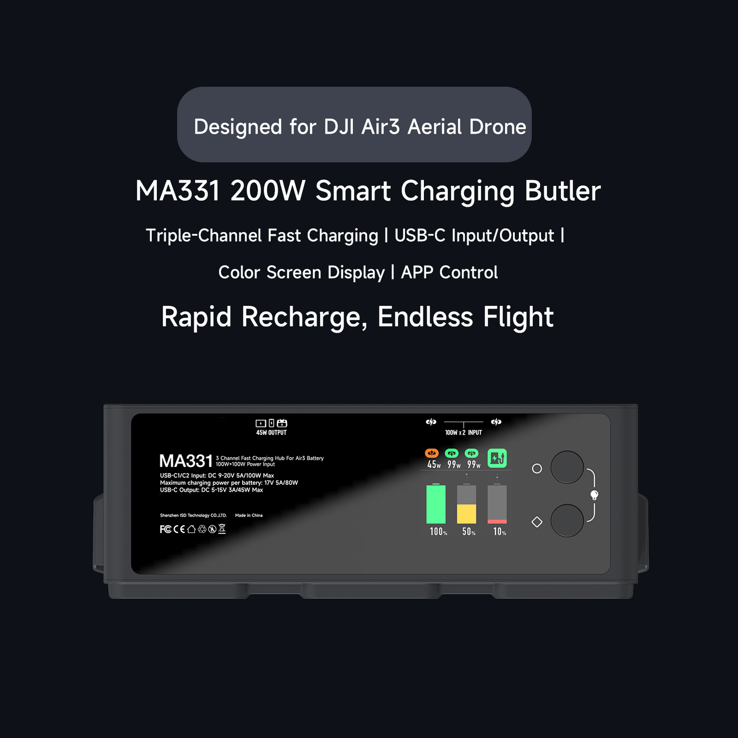 ISDT MA331 200W triple-channel smart charging hub for DJI Air 3 batteries with color screen and app control