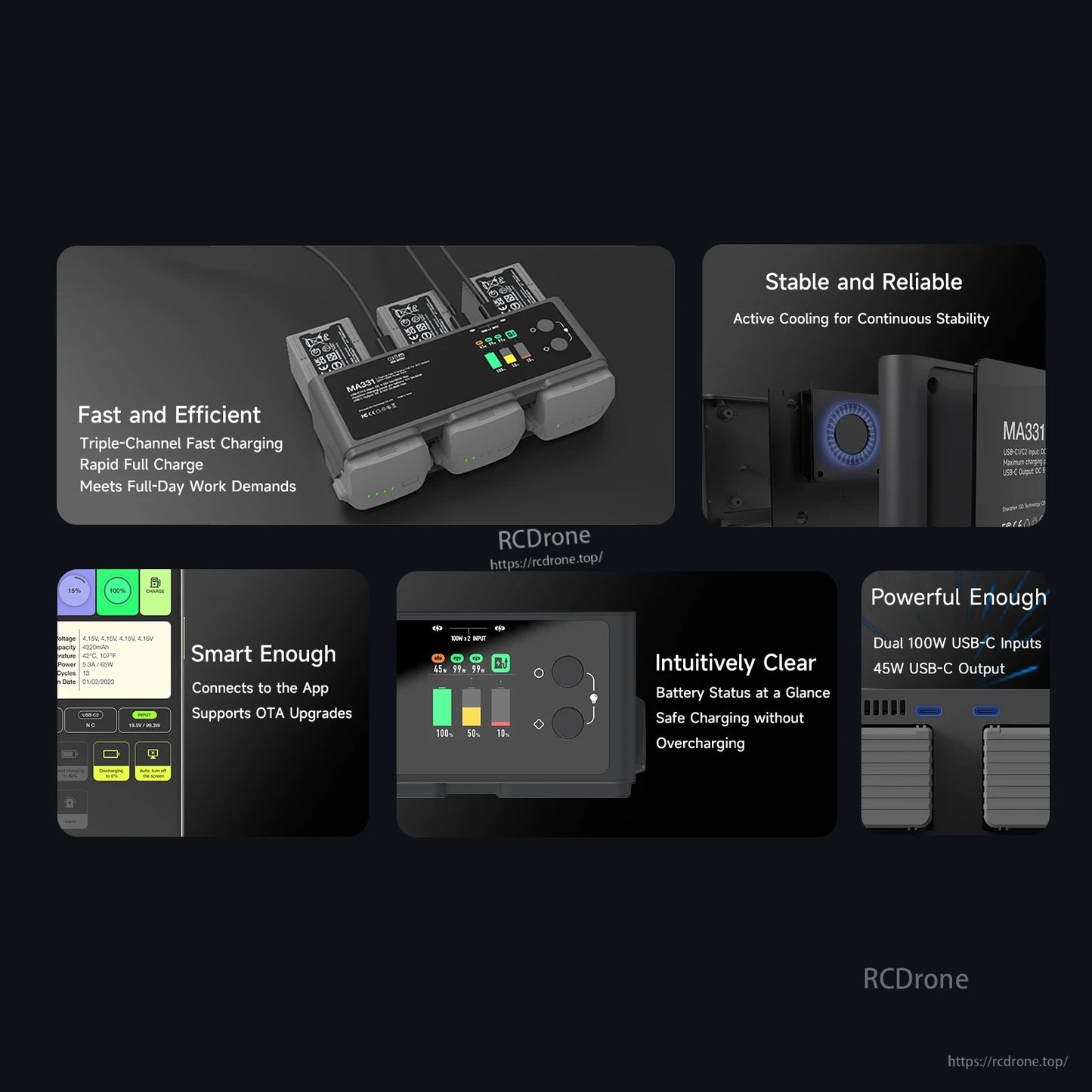 ISDT MA331 triple-channel charging hub with LCD status display, app support, active cooling, and USB-C ports