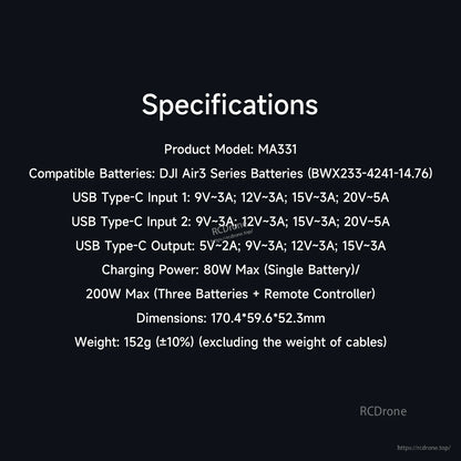 ISDT MA331 specifications for DJI Air 3 batteries with USB-C inputs, 200W max charging, size and weight