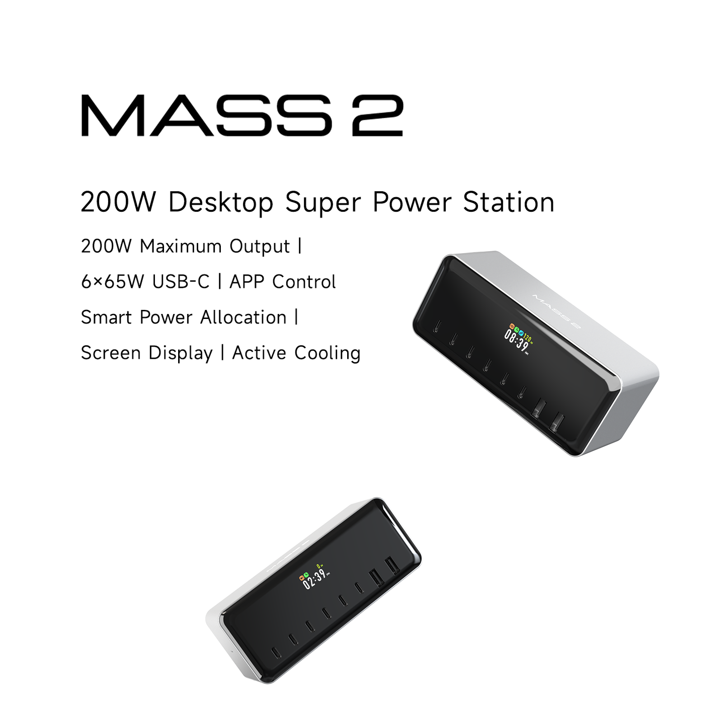 ISDT MASS2 200W desktop power station with screen display, six USB-C ports and two USB-A ports