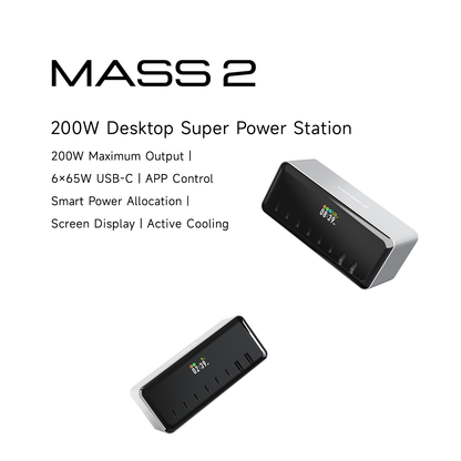 ISDT MASS2 200W desktop power station with screen display, six USB-C ports and two USB-A ports