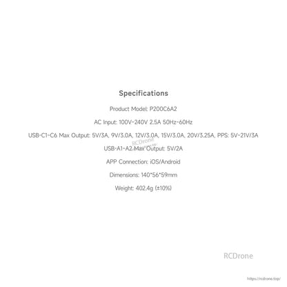 ISDT MASS2 P200C6A2 specifications listing AC input, USB-C/USB-A outputs, dimensions and weight