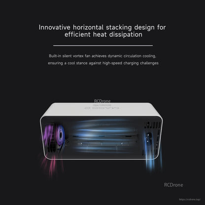 ISDT MASS2 desktop power station casing with horizontal stacking design and built-in cooling fan airflow graphic