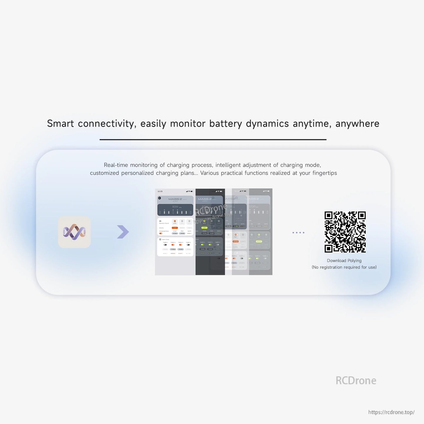 ISDT MASS2 power station app control screen with Polying download QR code and real-time charging monitoring