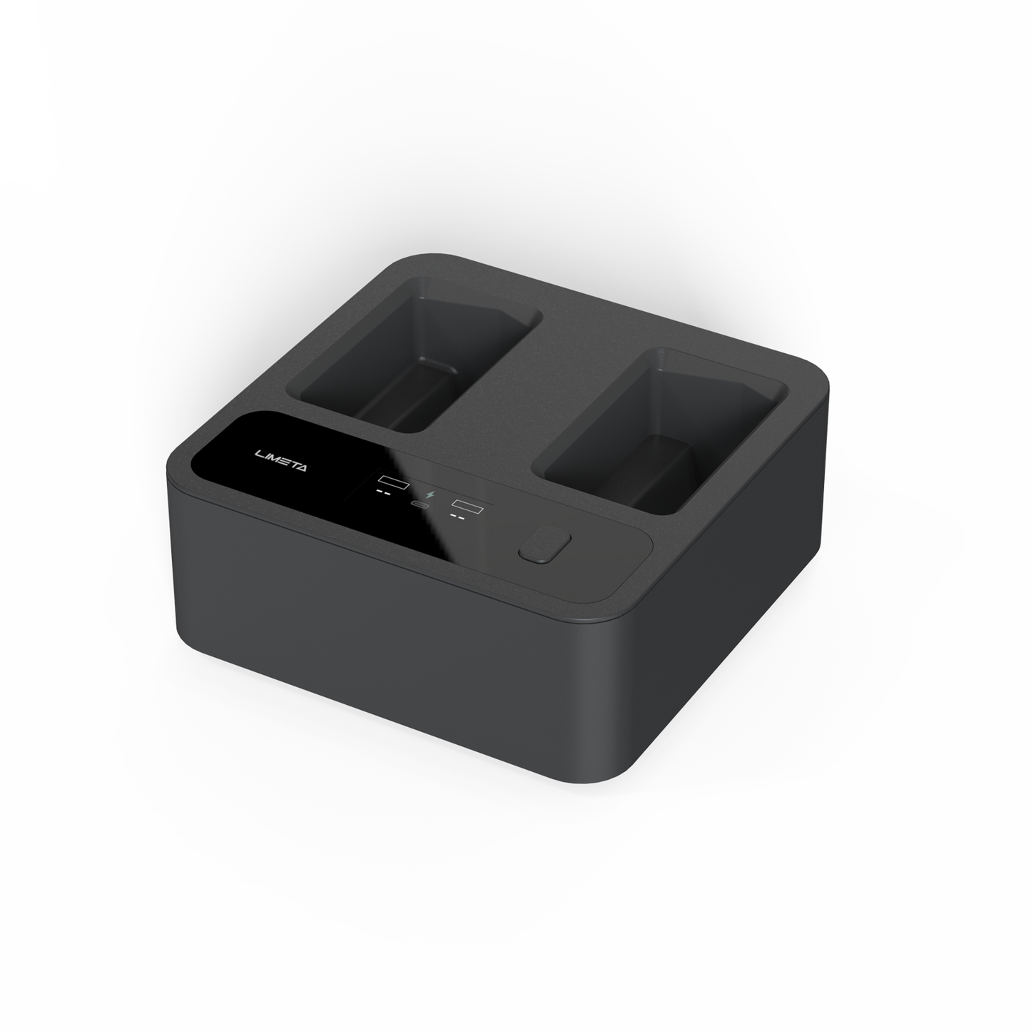 ISDT MC234AC Mini 3/4/4 Pro Drone Battery Charger, Compact mini drone battery charger dock with two charging bays and front status indicators in a black housing