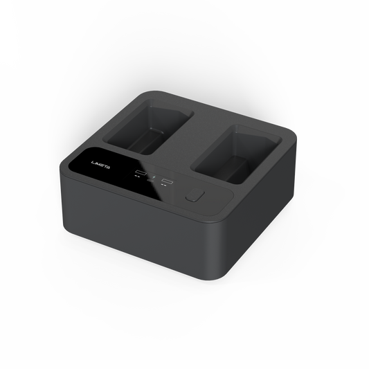 ISDT MC234AC Mini 3/4/4 Pro Drone Battery Charger, Compact mini drone battery charger dock with two charging bays and front status indicators in a black housing