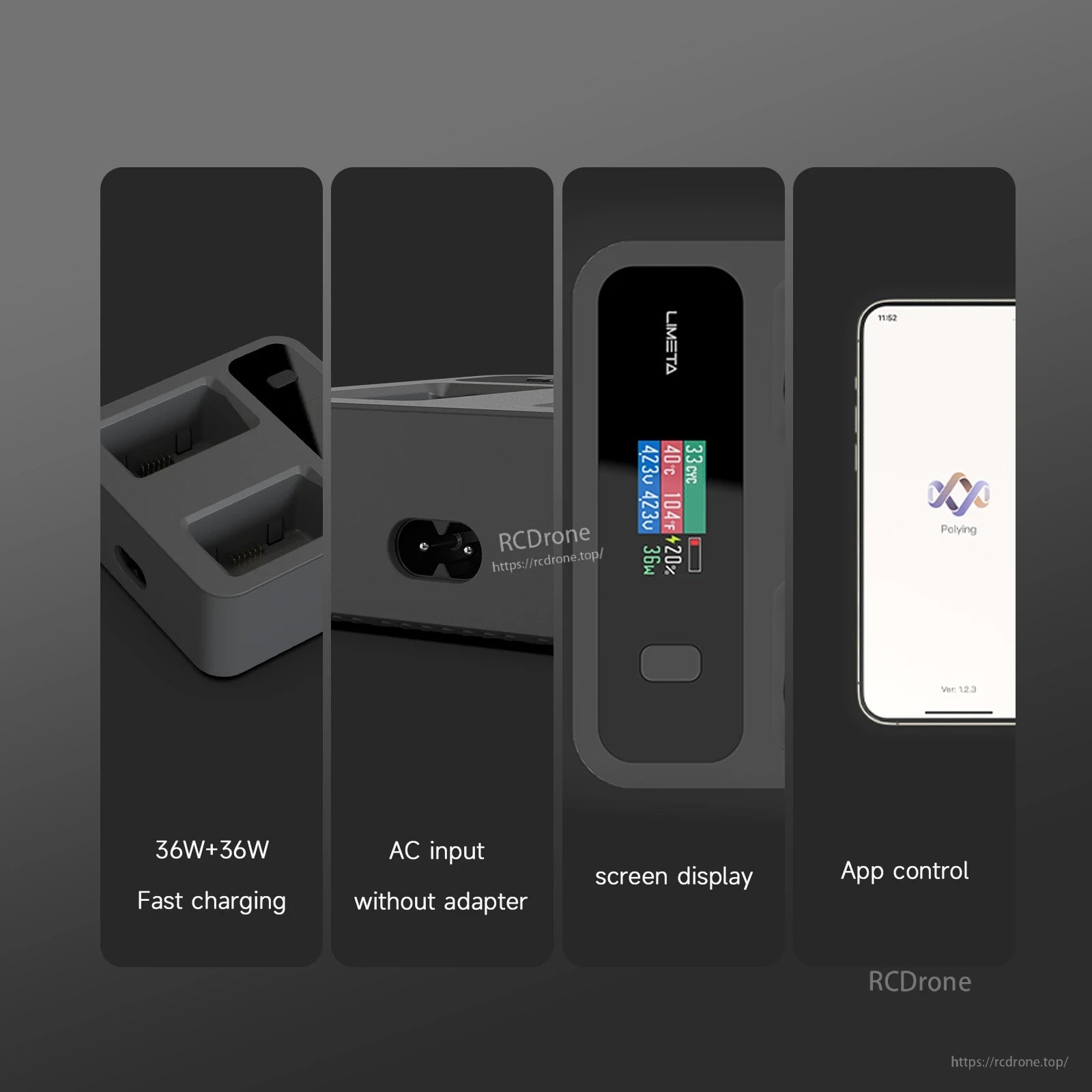 ISDT MC234AC Mini 3/4/4 Pro Drone Battery Charger, ISDT MC234AC mini drone battery charger with dual bays, built-in AC input, color screen, and app control