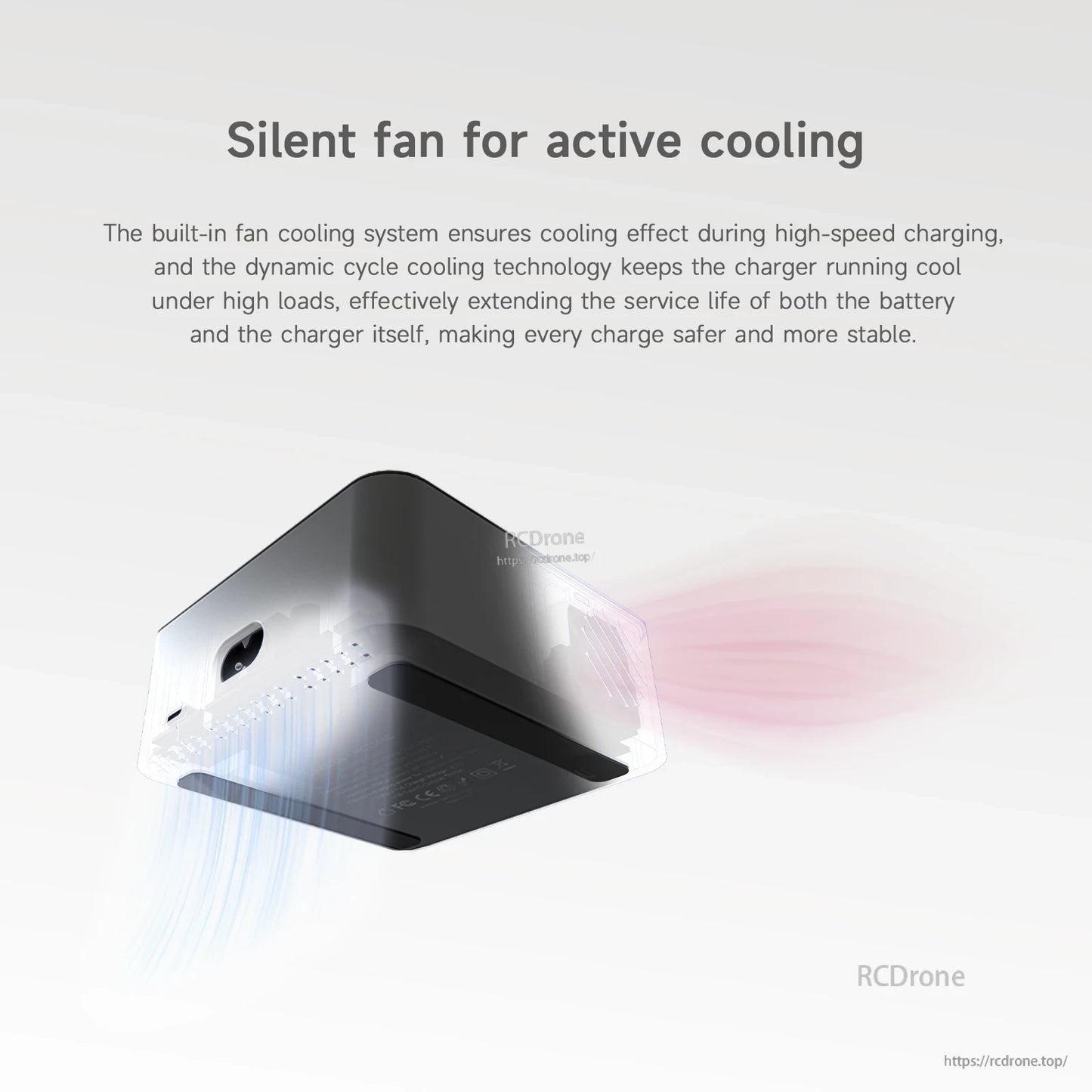 ISDT MC234AC Mini 3/4/4 Pro Drone Battery Charger, ISDT MC234AC mini drone battery charger graphic showing built-in silent fan active cooling airflow