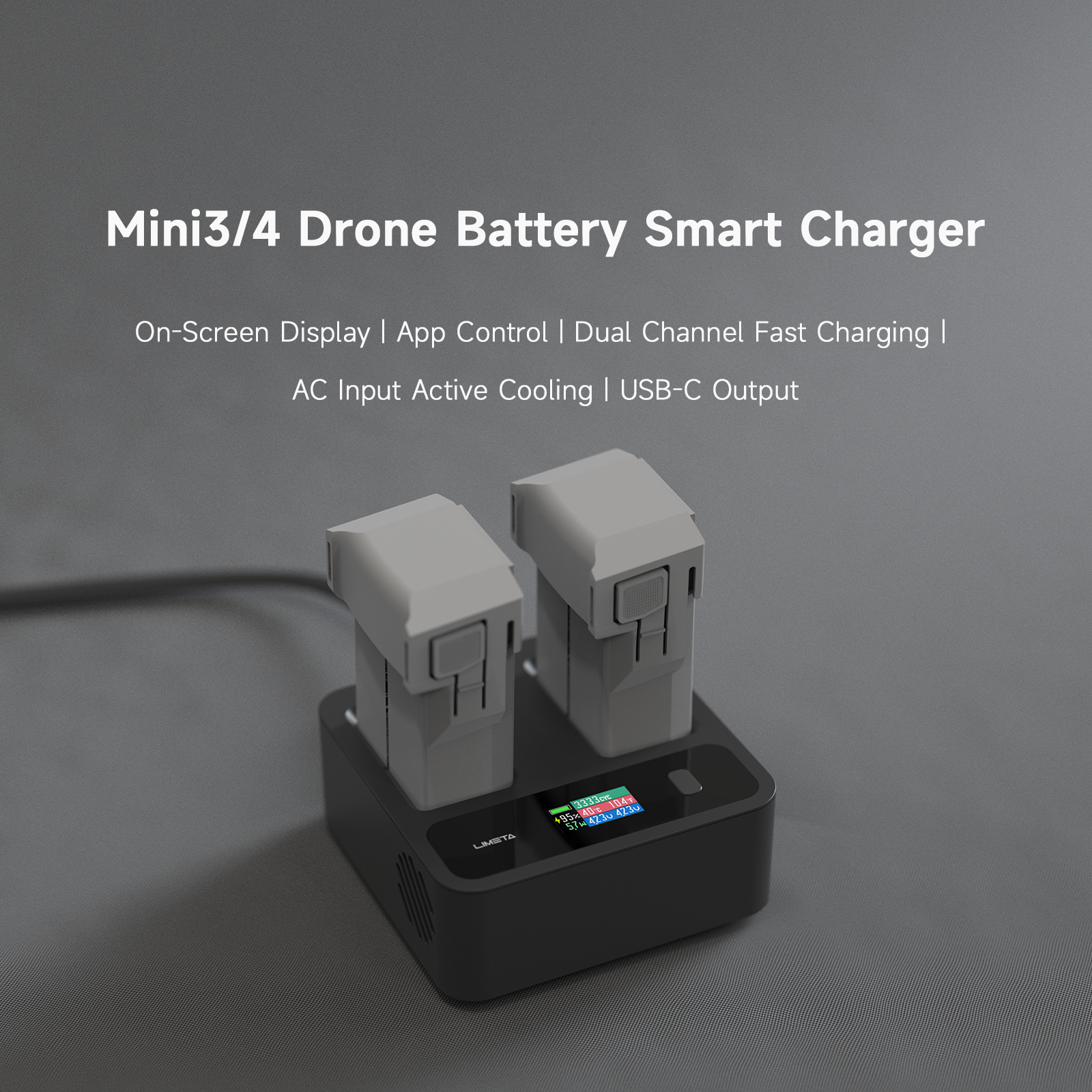 ISDT MC234AC Mini 3/4/4 Pro Drone Battery Charger, ISDT MC234AC Mini 3/4 drone battery smart charger with dual slots and a color on-screen display