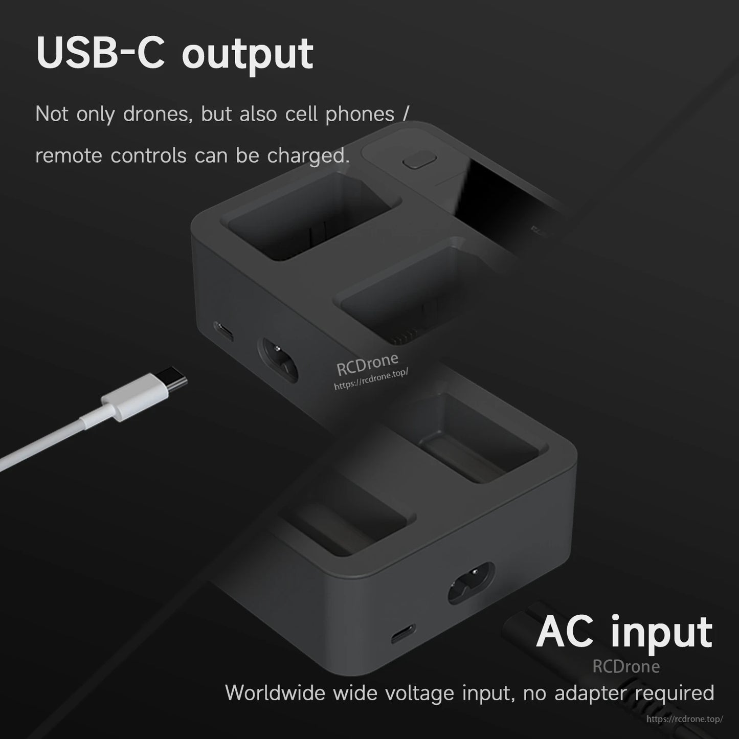 ISDT MC234AC Mini 3/4/4 Pro Drone Battery Charger, ISDT MC234AC mini multi-slot drone battery charger with USB-C output and built-in AC input