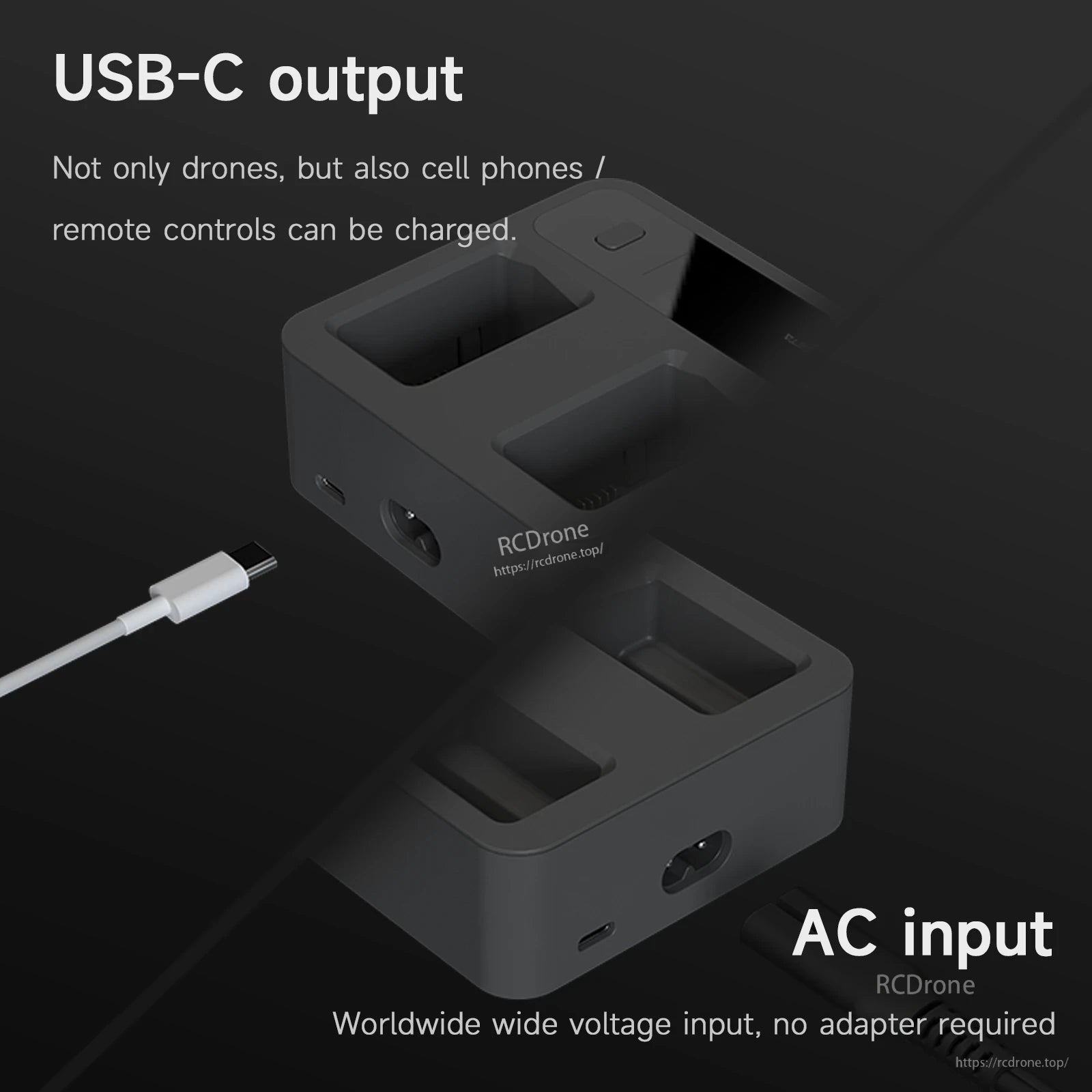 ISDT MC234AC Mini 3/4/4 Pro Drone Battery Charger, ISDT MC234AC mini multi-slot drone battery charger with USB-C output and built-in AC input