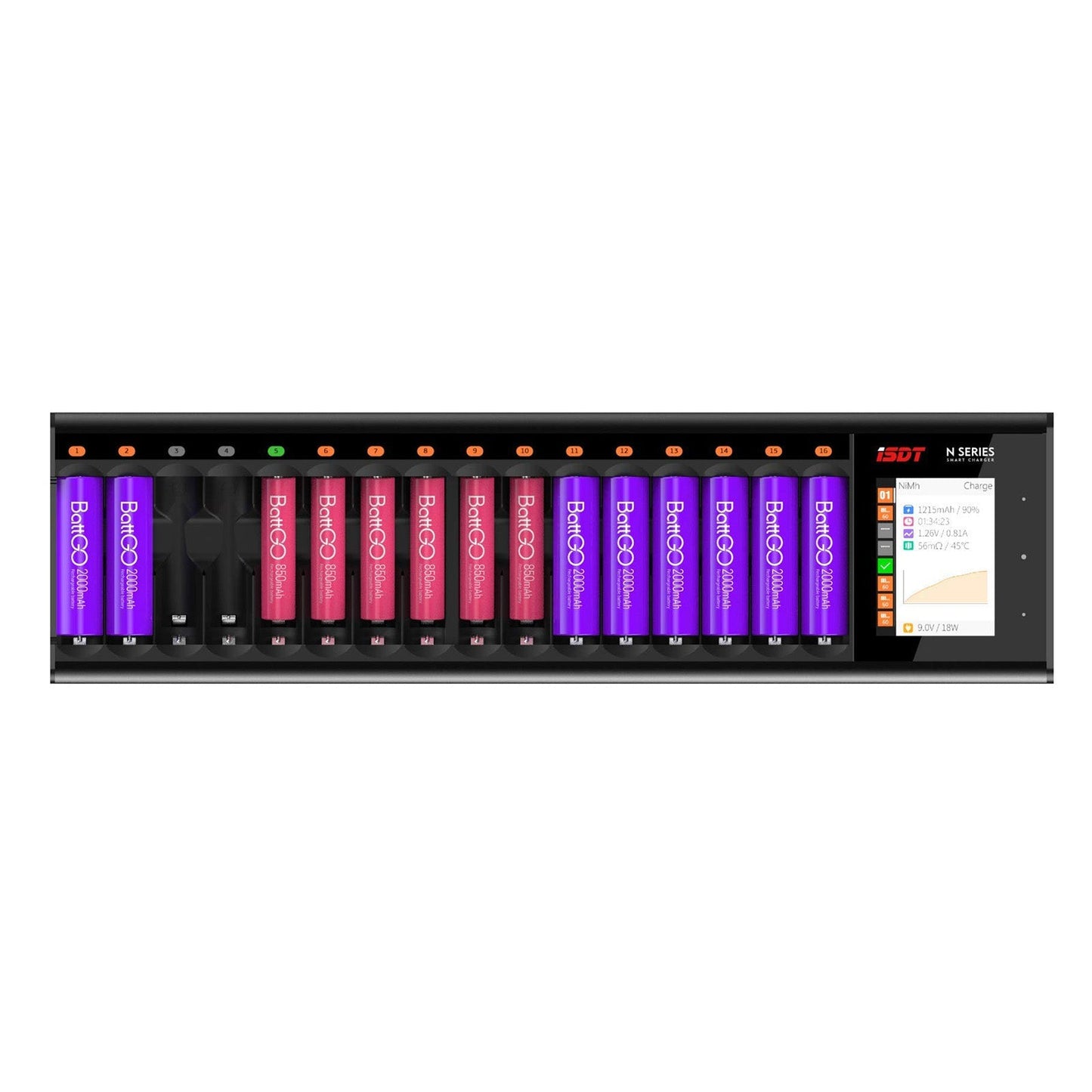 ISDT N16 Battery Charger, ISDT N16 smart battery charger with 16 numbered slots and a color display showing NiMH charging status