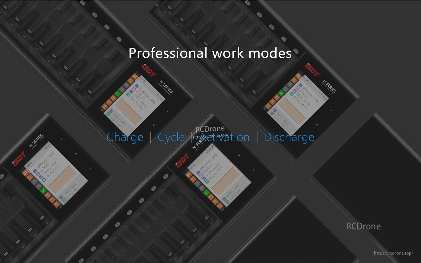 ISDT N16 battery charger with color display showing professional work modes: charge, cycle, activation, and discharge